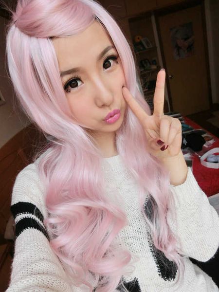 

long curly hair oblique bangs pink harajuku animation cos ffy yiwu wig, Black