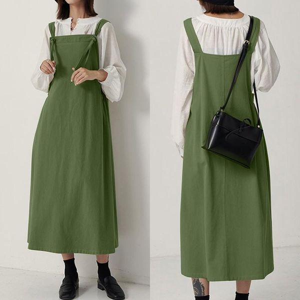 

plus size women's overall sundress zanzea 2021 elegant autumn linen dress causal suspender maxi vestidos female solid robe 5xl, Black;gray