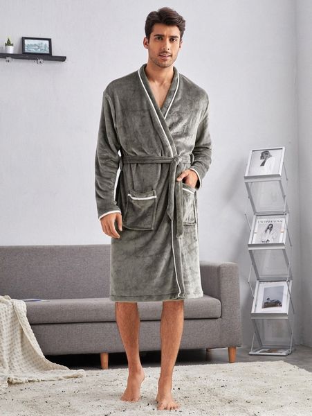 

men contrast binding belted flannel robe a36q#, Black;brown