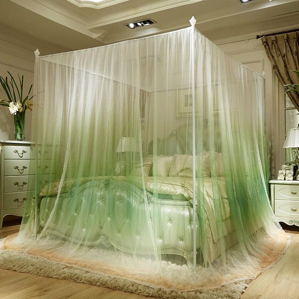 

mosquito net gradient green blue gray orange luxury square three open door lace 32mm stainless steel frame bedding set