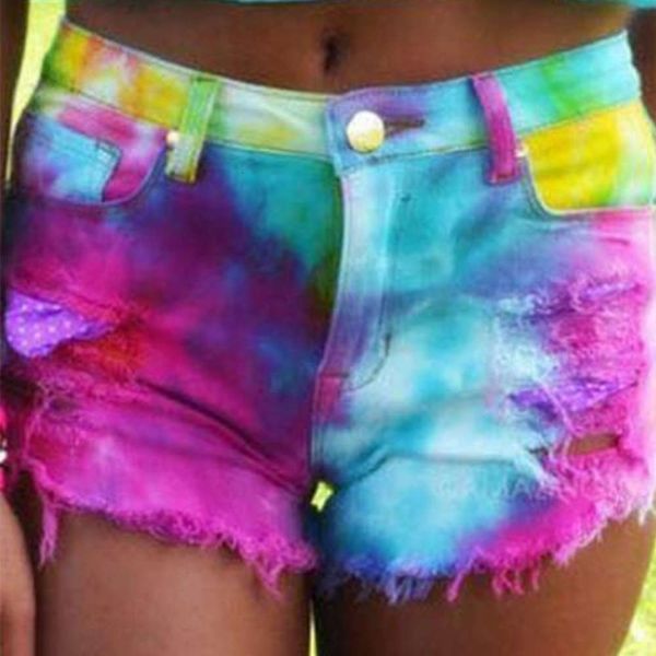 

cowboy rainbow color dazzle ful hole cowboy pants shorts, Blue