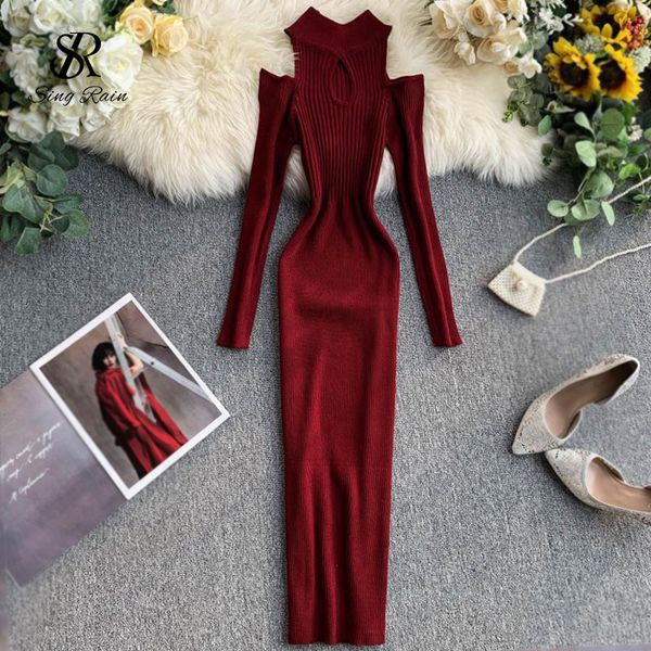 

new knitted women dresses hollow off shoulder long sleeve elastic bodycon dress autumn vintage fashion sweater dress, Black;gray