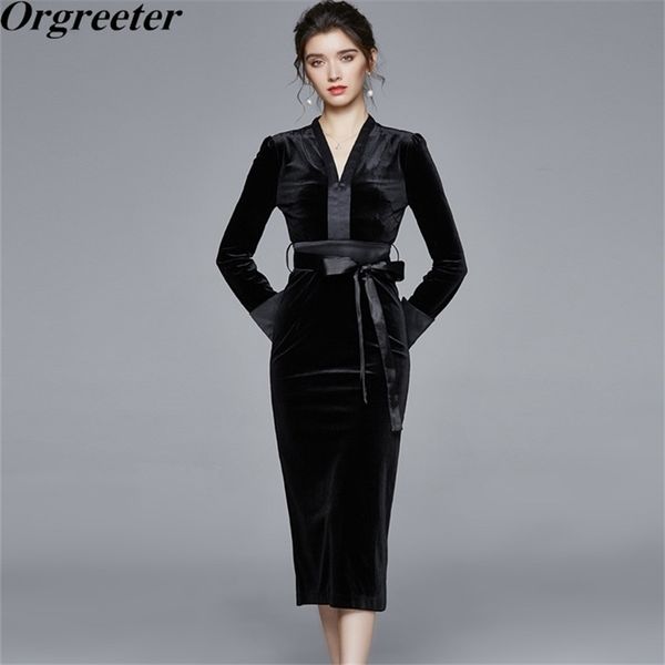 

autumn and winter black velvet dress elegant office lady v-neck bow tie slim bodycon pencil long work wear 210602, Black;gray