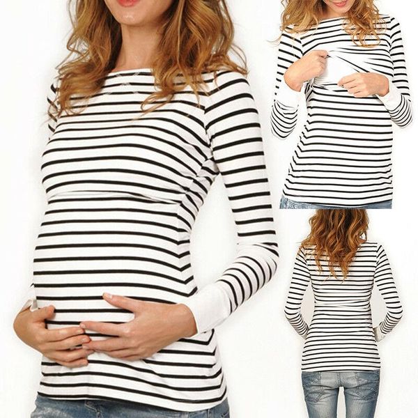 

maternity & tees women pregnancy folding nursing baby breastfeeding t-shirt 2021 summer striped woman, White