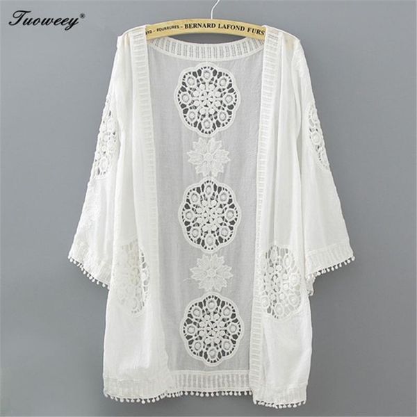 

women's blouses & shirts 2021 casual loose woman shirt fashion half sleeve kimono cardigan hollow out white lace blouse summer women