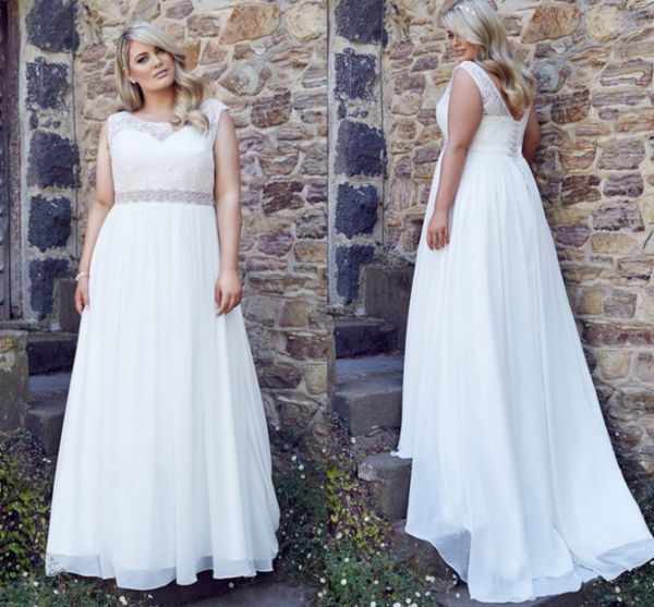 

bride gowns cap sleeve lace big plus size wedding dresses scoop backless beach chiffon crystal sash robe de mariage, White
