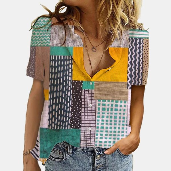 

women's blouses & shirts patchwork women shirt cardigan short sleeve lapel button turn-down collar plus size blouse blusas y camisas 4, White