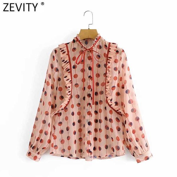 Zevity Damen Sweet Press Plissee Bow Tied Chiffon Shirts Lady Polka Dot Print Gestreifte Bluse Roupas Chic Rüschen Tops LS9039 210603