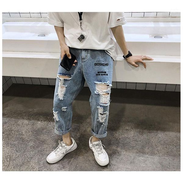 

spring and summer trousers, handsome jeans, men's trendy brand loose casual 9-point pants, wild straight hole pants jeans, Blue