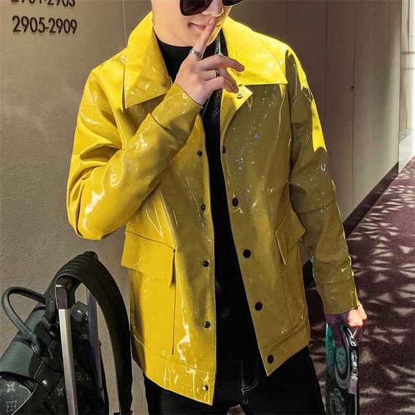 Блестящая кожаная куртка мужчин корейский стиль осенний водонепроницаемый модный уличный пальто PU мотоцикл кожаная куртка сцена певец костюм 21111