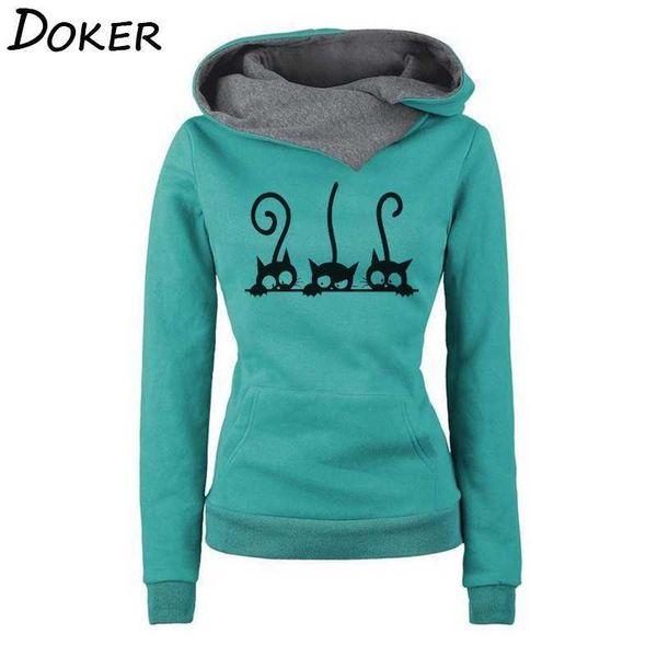 

hoodies women autumn winter fashion cat prined long sleeve oversized pullovers sweatshirt vintage warm hooded ropa mujer 210603, Black