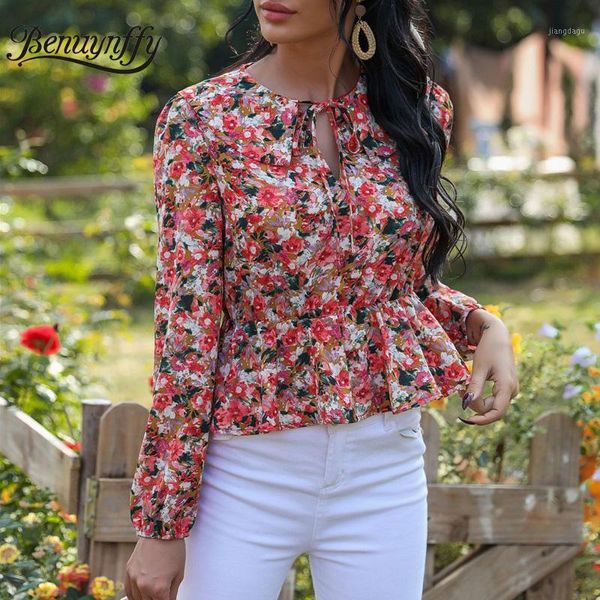 

women's blouses & shirts benuynffy tie neck floral print peplum blouse women vintage boho long sleeve female ruffle hem autumn 2021, White