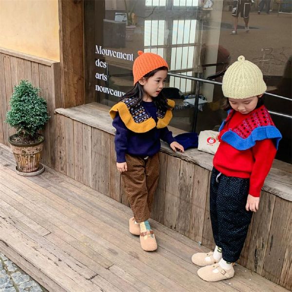 

jackets 2021 autumn and winter girls navy neck pullover sweater for little color matching knitted wool coat, Blue;gray