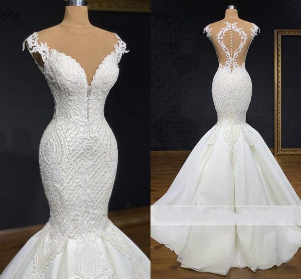 

uxury mermaid wedding dresses 2022 illusion neck lace appliques sleeveless bridal dress sweep train beaded vestido de noiva, White