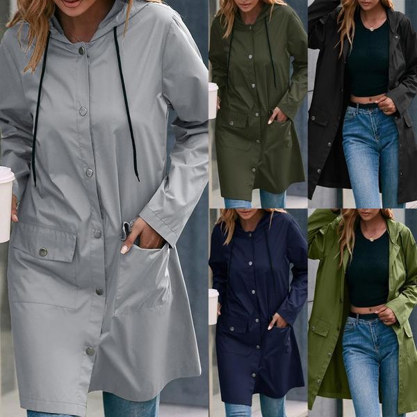 

women's trench coats fashion-simple solid color outdoor sports single-breasted pocket windproof and rainproof hooded mid-length windbre, Tan;black