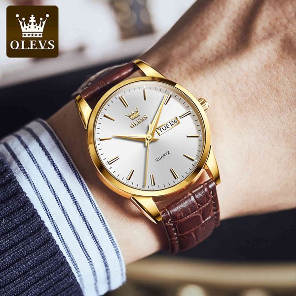 

olevs men classic gold white face quartz waterproof brown leather strap business popular casual for men`s watch 6898, Slivery;brown
