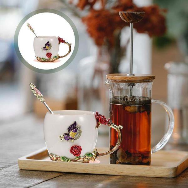 

cups & saucers 1 set 320ml enamel flower tea cup decorative drinking ceramic mugs