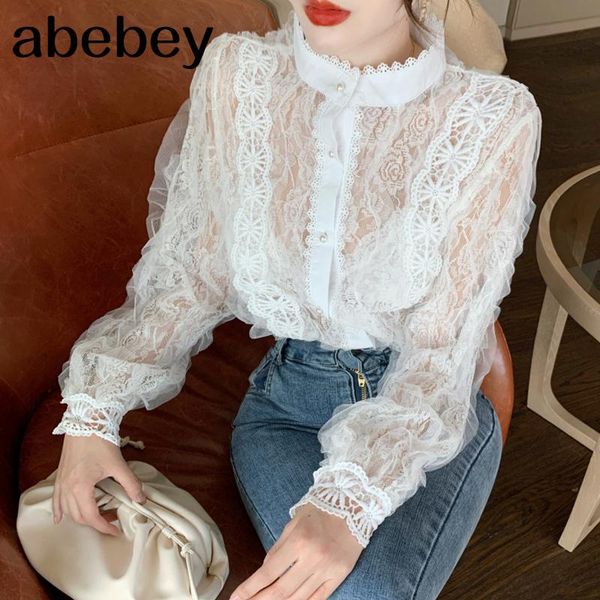 

women's blouses & shirts women floral lace boho long sleeve white ladies hollow out autumn spring elegant blouse streetwear s-xl