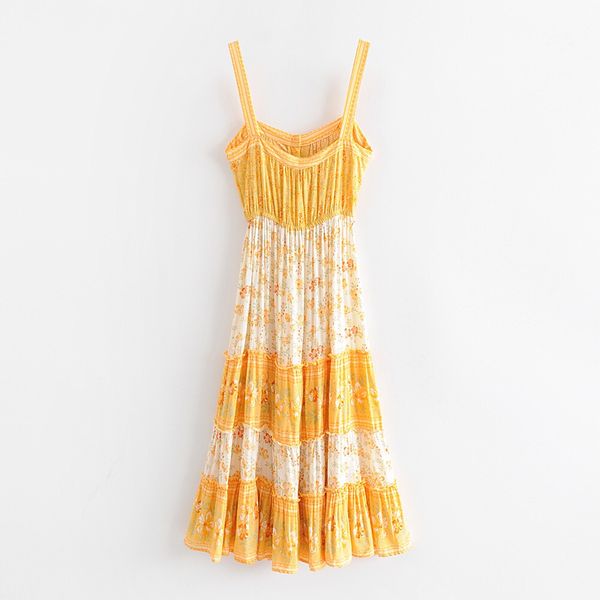 

New Bohemian Yellow Cherry Blossom Flower Print Spaghetti Strap Dress Ethnic Woman Adjustable Lacing up Sling Dresses Beach, Red