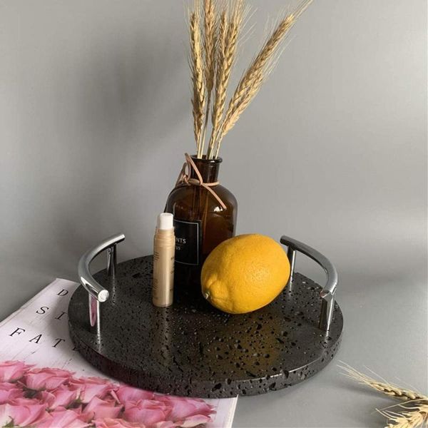 

kitchen storage & organization natural volcanic rock round tray, vanity tray with metal handles (volcanic rock)
