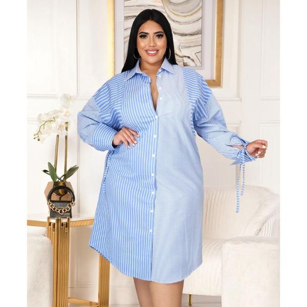 

casual dresses 2021women shirt dress fashion striped print lady long sleeve blouse turn down collar ruched button front large size, Black;gray