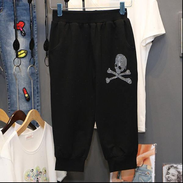 

fashion new calf length pants women 2021 summer street casual motion pant loose large size diamond decoration harem trousers, Black;white
