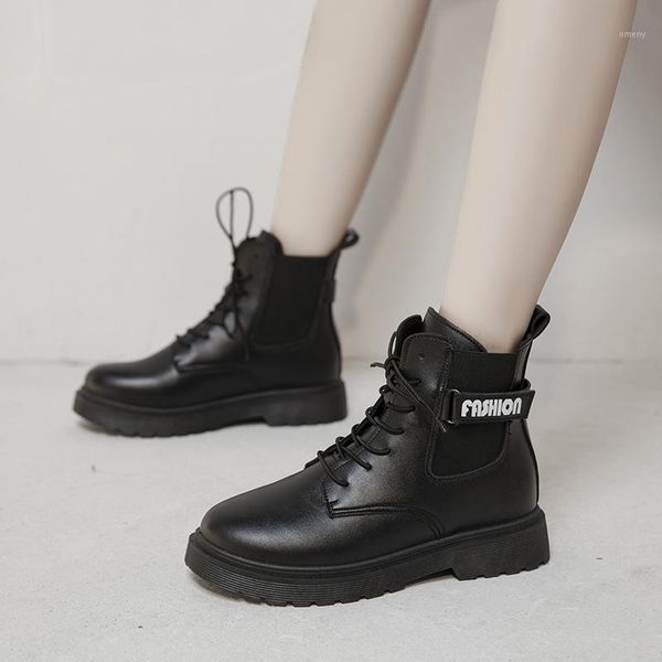 

boots women pu leather short ankle lace up platform women's shoes ladies comfortable footwear fashion 2021 female1, Black