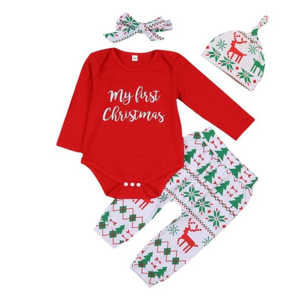 

clothing sets infant born baby boy girl christmas clothes long sleeve romper with pattern pants headband hat 4pcs outfits, White