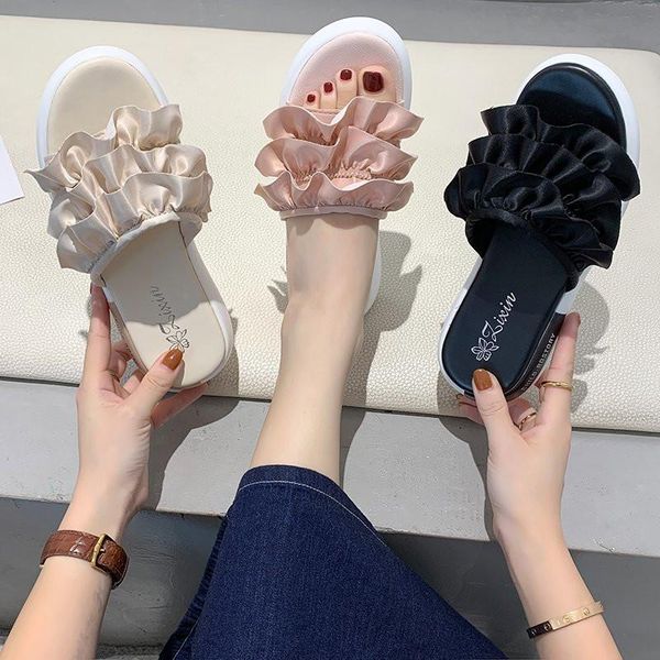 

slippers cootelili 2021 women summer shoes platform fashion flats 4cm heel lace slip on pink, Black
