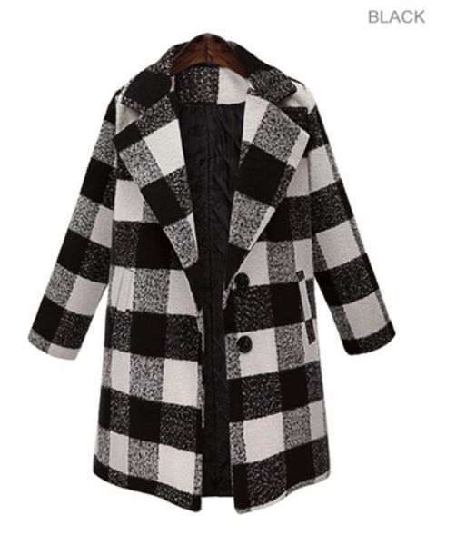 

european and american fashion and popular big plaid woolen women's coat european station mid-length plaid coat a a a, Black