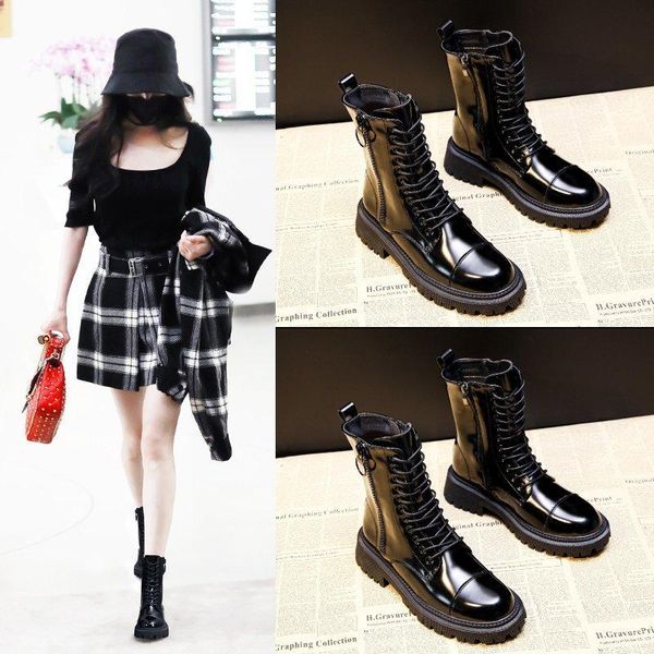 

boots chunky platform leather female retro punk woman lace-up ankle, Black