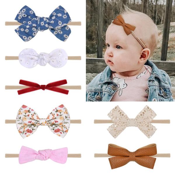 

hair accessories 1 set floral bows solid baby headbands dot bowknot elastic cotton bands for girls nylon princess turban, Slivery;white