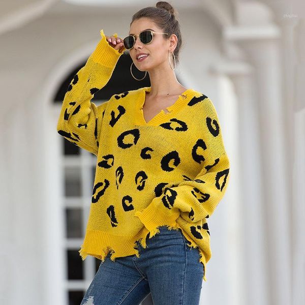 

women's sweaters ellacey 2021 leopard sweater female autumn winter v-neck hole knitted pullovers fashion, White;black