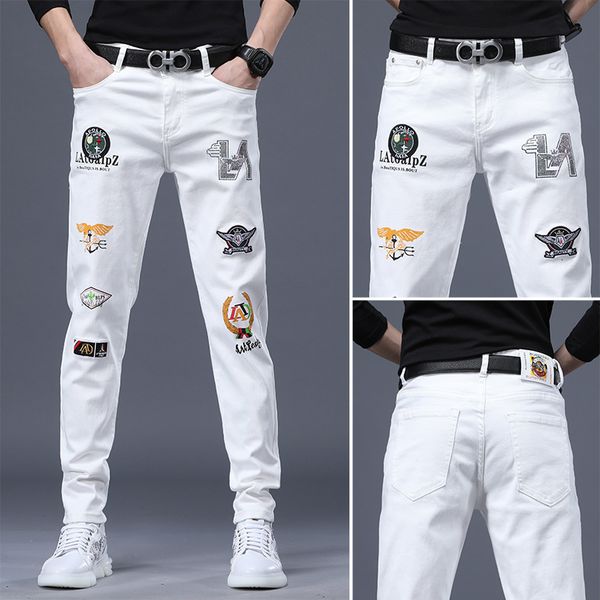 

2021 jeans mens elastic casual printing embroidery stamping trend pants, Blue