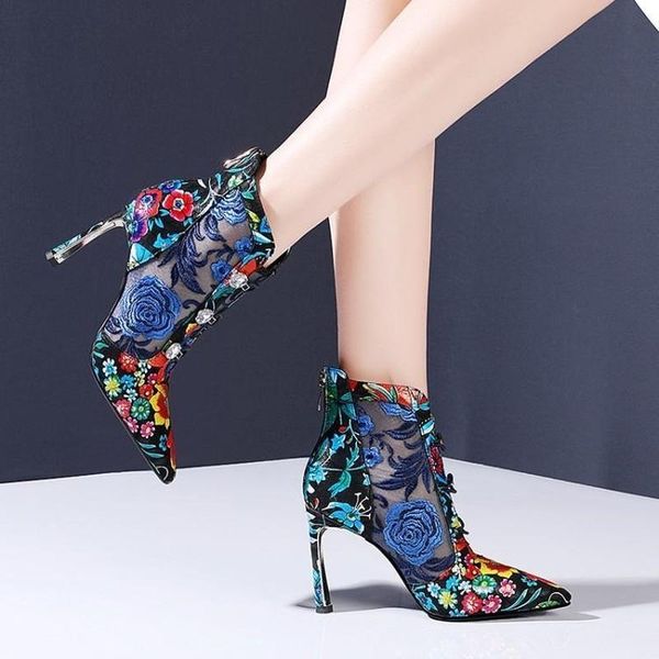 

boots women's mesh floral high heels shoes stilettos embroidery flower ankle summer rhinestones ethnic breathable real leather, Black