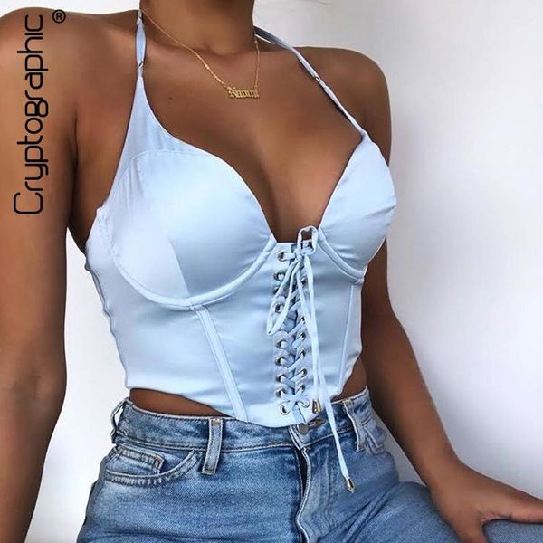 

women's tanks & camis cryptographic sleeveless bustier corset satin fashion chic crop halter backless cropped feminino vest, White