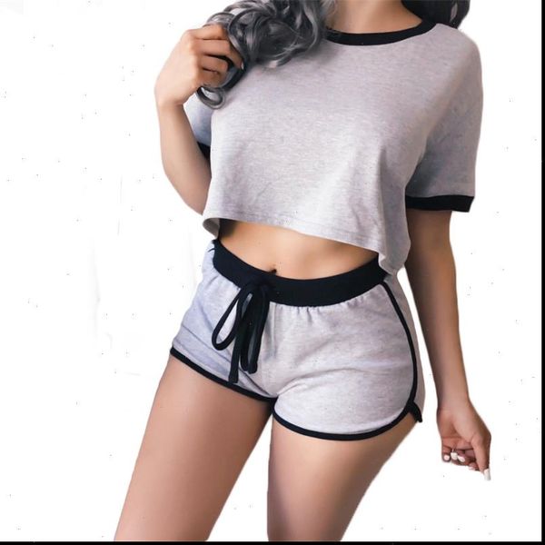 

women ladies casual nightwear home clothes set fashion crop shorts pants short sleeve elastic summer fitness 2pcs new, Gray