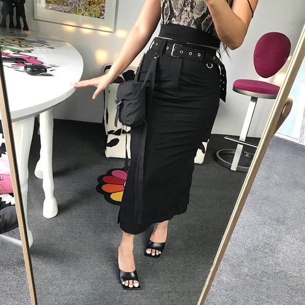 

skirts 2 color recommended cool side pockets decorative tooling sensed hip belt high waist half length skirt, Black