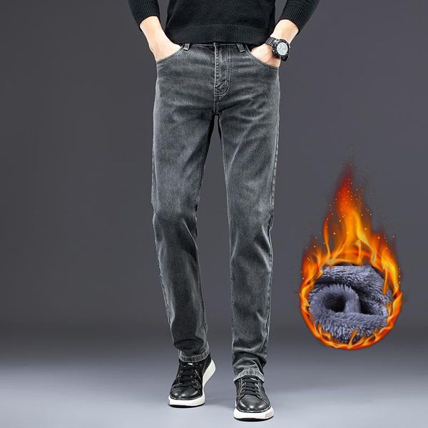 

men's jeans slim thick straight winter stretch denim trousers 2021 fashion youth plus fleece, Blue