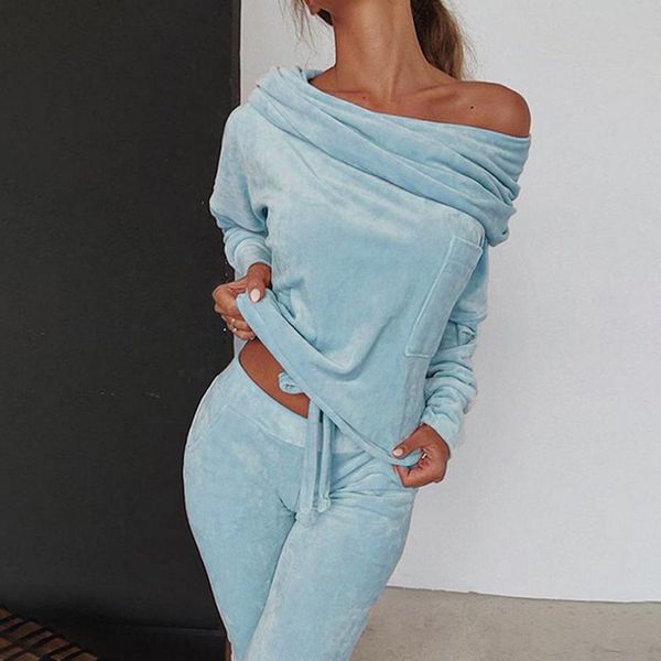 

fashion casual tracksuit women two piece set long sleeve off the shoulder female autumn spring solid comfortable home suits, White