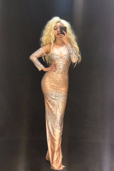 

stage sparkly rhinestone long dress silver glisten crystals costume evening birthday celebrate dress wear luxurious outfit, Black;red