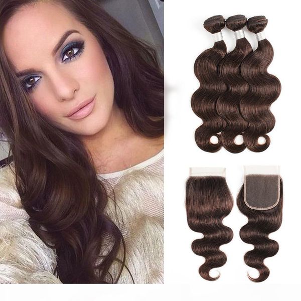 

#2 dark brown body wave hair bundles with closure brazilian virgin hair 3 bundles with 4*4 lace closure remy human hair extensions, Black;brown