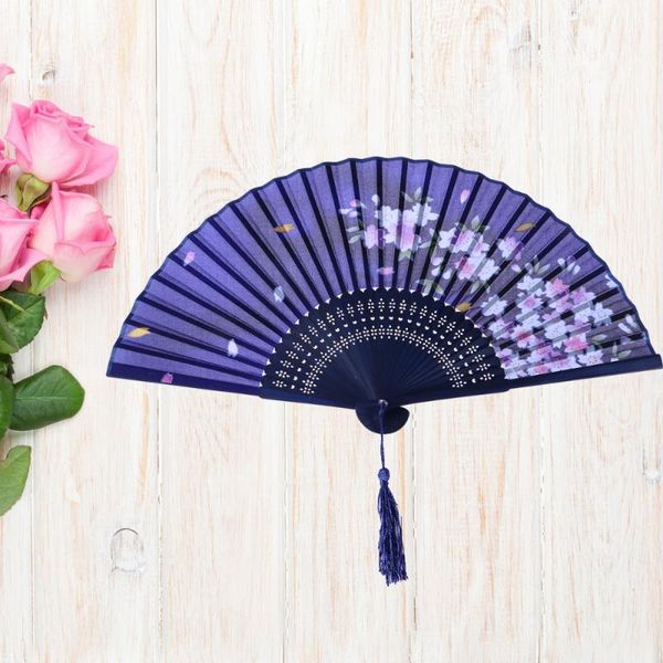 

chinese style bamboo silk fan cherry folding fan dance hand fans elegant gift for ladies (blue bone and blue surface)