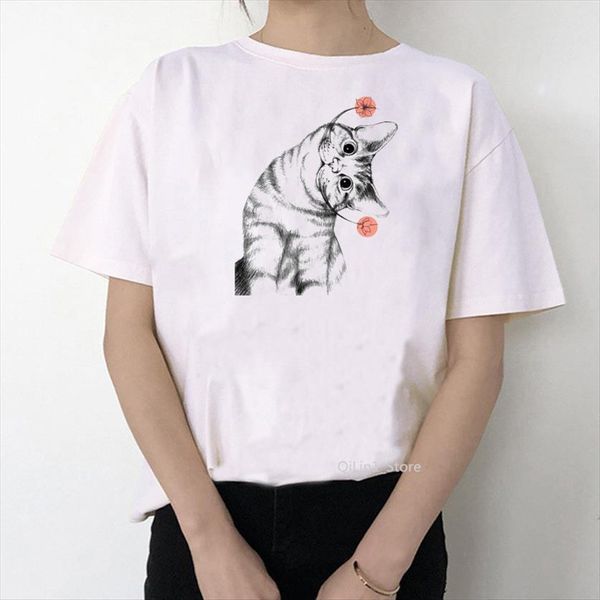 

sketch cute cat animal print women clothes summer vogue femme korean style female streetwear, White