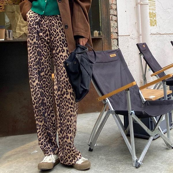 

women's pants & capris y2k leopard print wide-leg fall/winter 2021 outer wear all-match high-waist straight-leg trend, Black;white