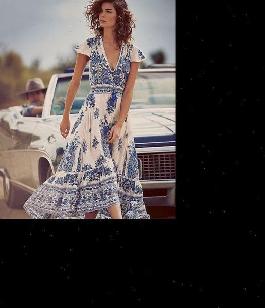 

women summer boho long beach dress casual sundress women casual print v neck short sleeve mid calf loose dresses, Black;gray