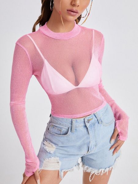 

sheer glitter mesh crop without bra b3sa#, White