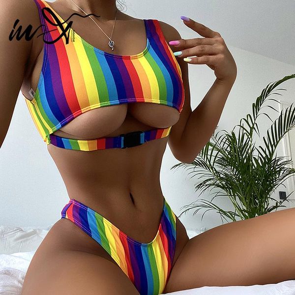 

women's swimwear in-x stripe bikini 2021 high cut swimsuit swimming suit bandeau female buckle bathing 2 pieces set, White;black