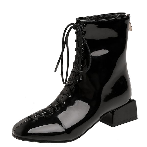 

square-heeled leather with round head ankle boots back flat zipper, round-toe, snake imprint, tied-up... winter boots, women's shoes. 0, Black
