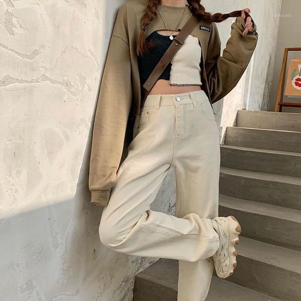 

women's jeans spring women straight trousers vintage high waist all-match loose denim pants retro full-length, Blue